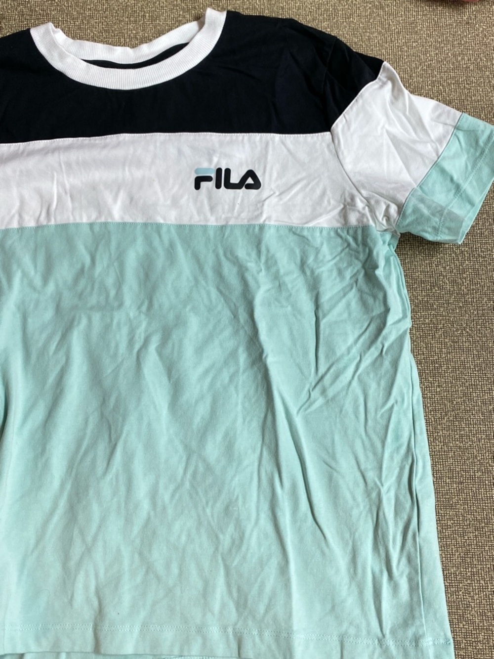 Fila Women’s T-Shirt Color Block Top Turquoise Blue Black White M NEW Retro